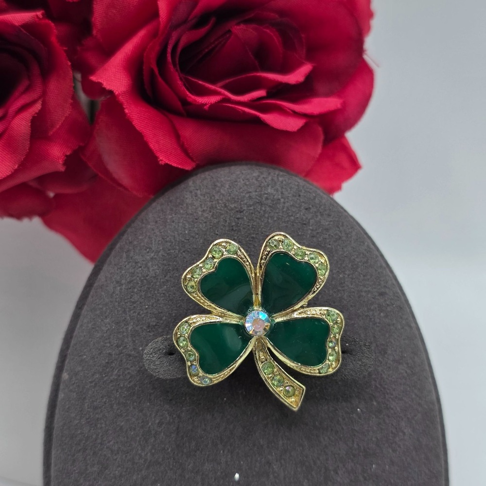 NR Four Leaf Clover‎ Brooch Green Enamel Crystal Gold Tone Lucky Charm Pin